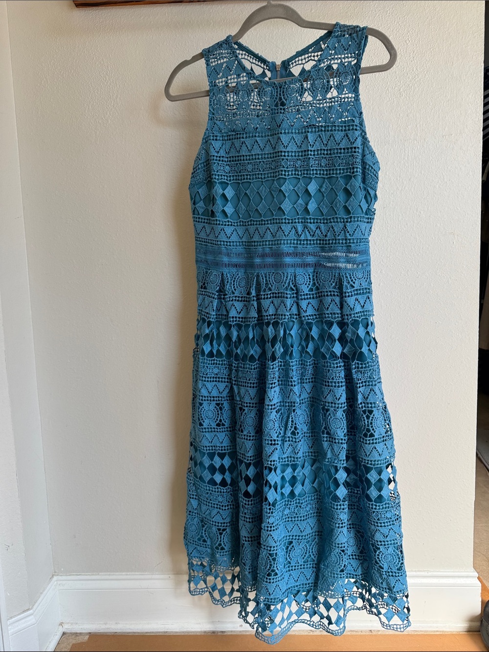 Just Me Teal Blue Crochet Lace Midi Dress